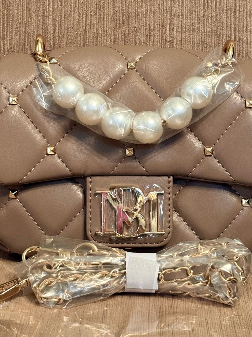 Badgley Mischka Quilted Taupe Women’s Shoulder Bag with Pearl Handle